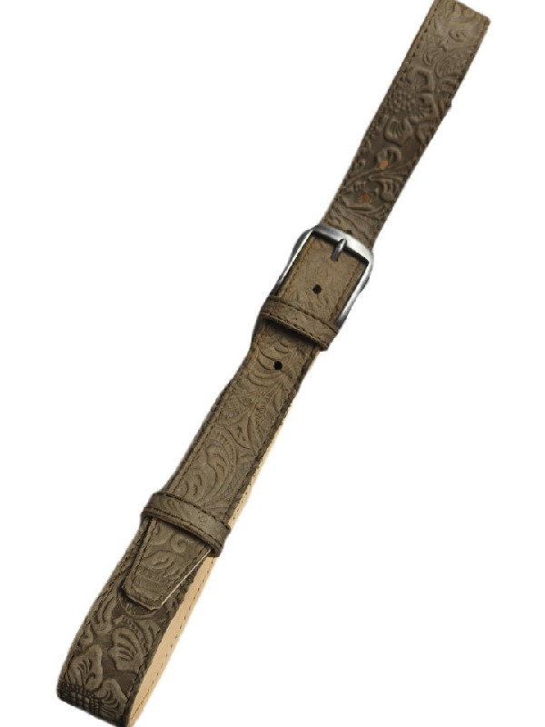 Μπεζ δερμάτινη ζώνη με έντονα ανάγλυφα σταμπαριστά λουλουδια