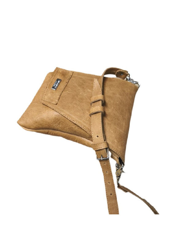 Τσαντάκι δερμάτινο μπεζ μουσταρδί μεσαίο